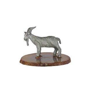 Miniature Pewter Billy Goat Figurine On Agate Base